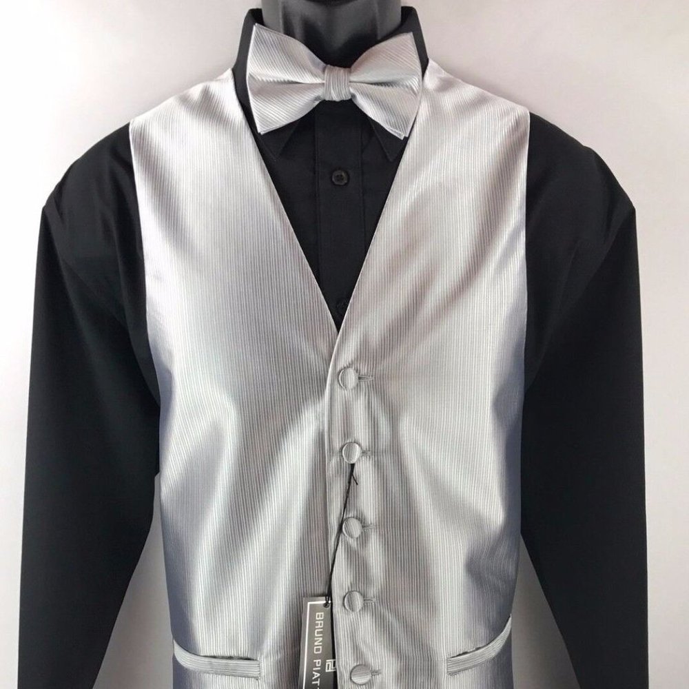 Bruno Piattelli Roma Men's 4 Piece Tuxedo Vest Set Silver Black Back Size 2XL